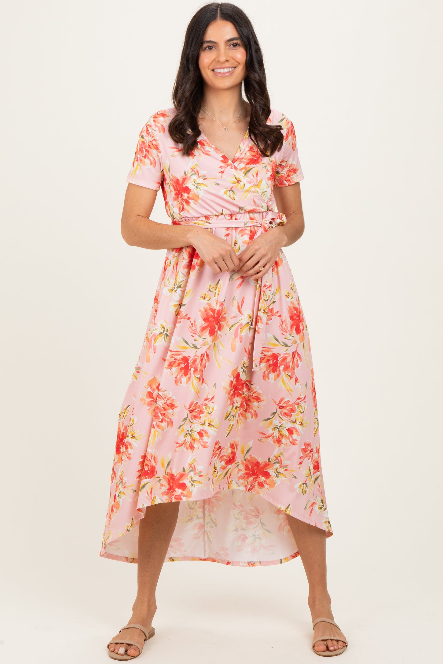 Peach Floral Print Short Sleeve Hi-Low Wrap Dress