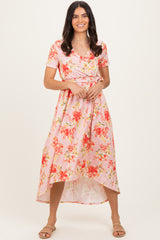 Peach Floral Print Short Sleeve Hi-Low Wrap Dress