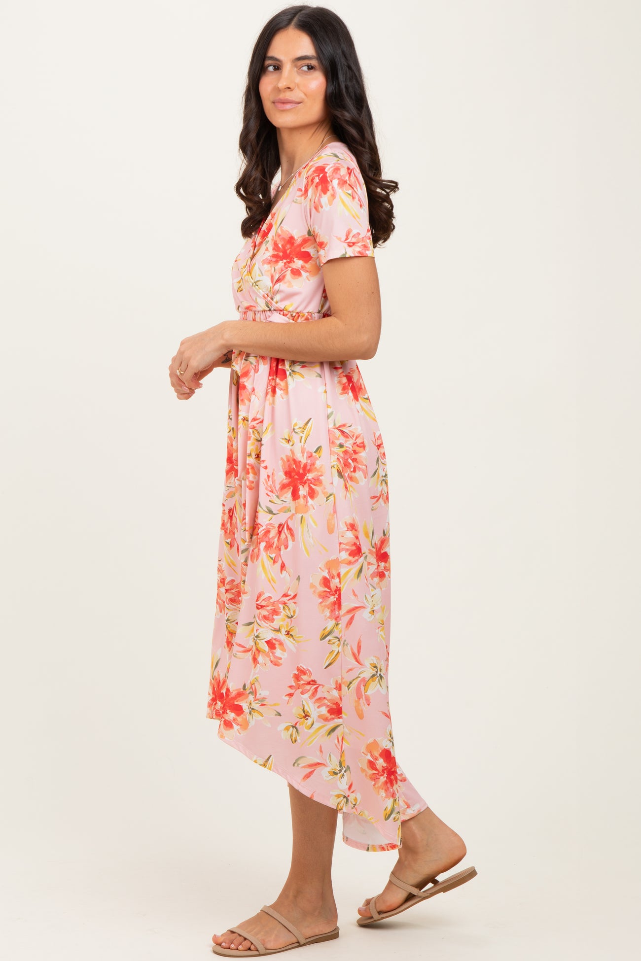 Peach Floral Print Short Sleeve Hi-Low Wrap Dress