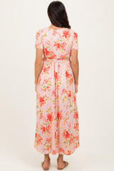 Peach Floral Print Short Sleeve Hi-Low Wrap Dress