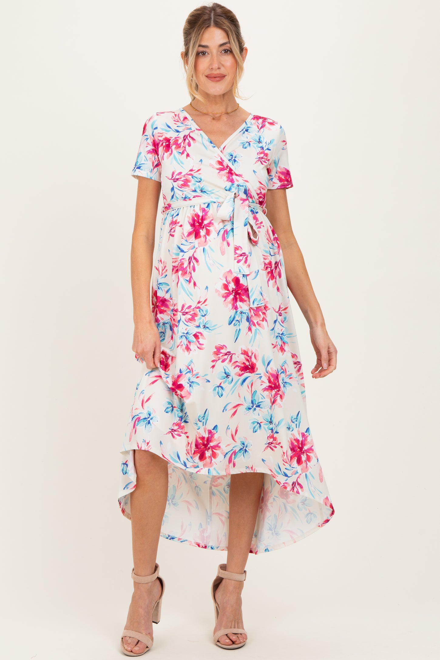 Taupe Floral Print Short Sleeve Hi-Low Maternity Wrap Dress