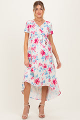 Taupe Floral Print Short Sleeve Hi-Low Maternity Wrap Dress