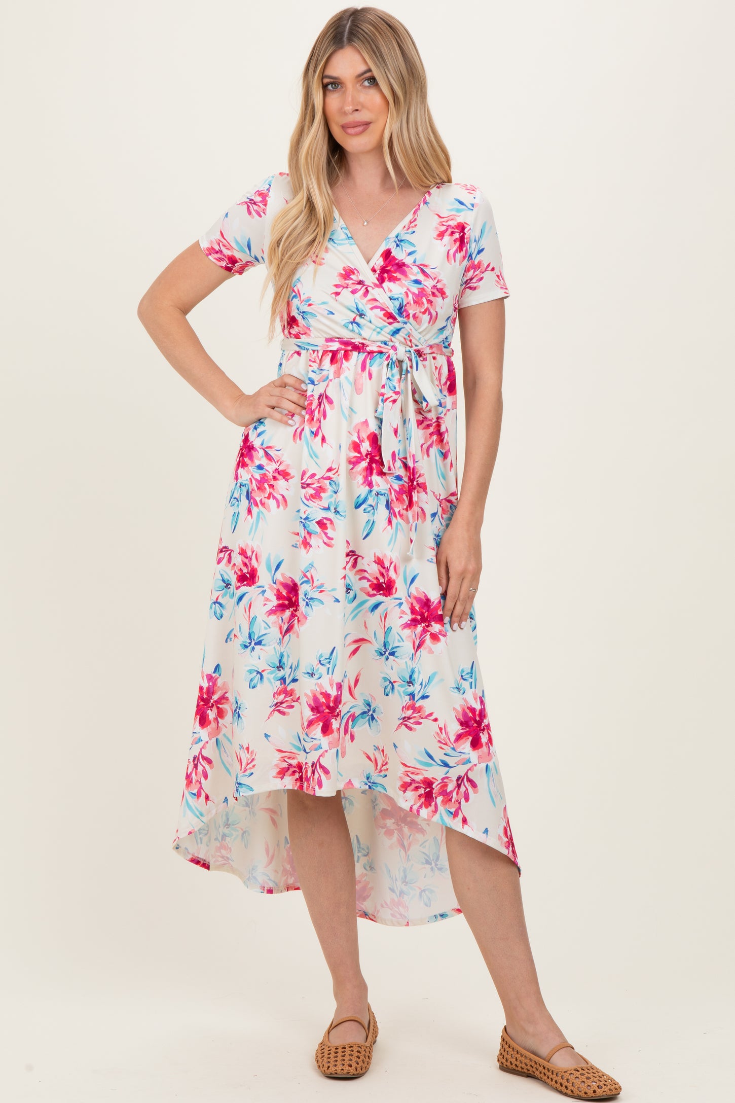 Taupe Floral Print Short Sleeve Hi-Low Maternity Wrap Dress