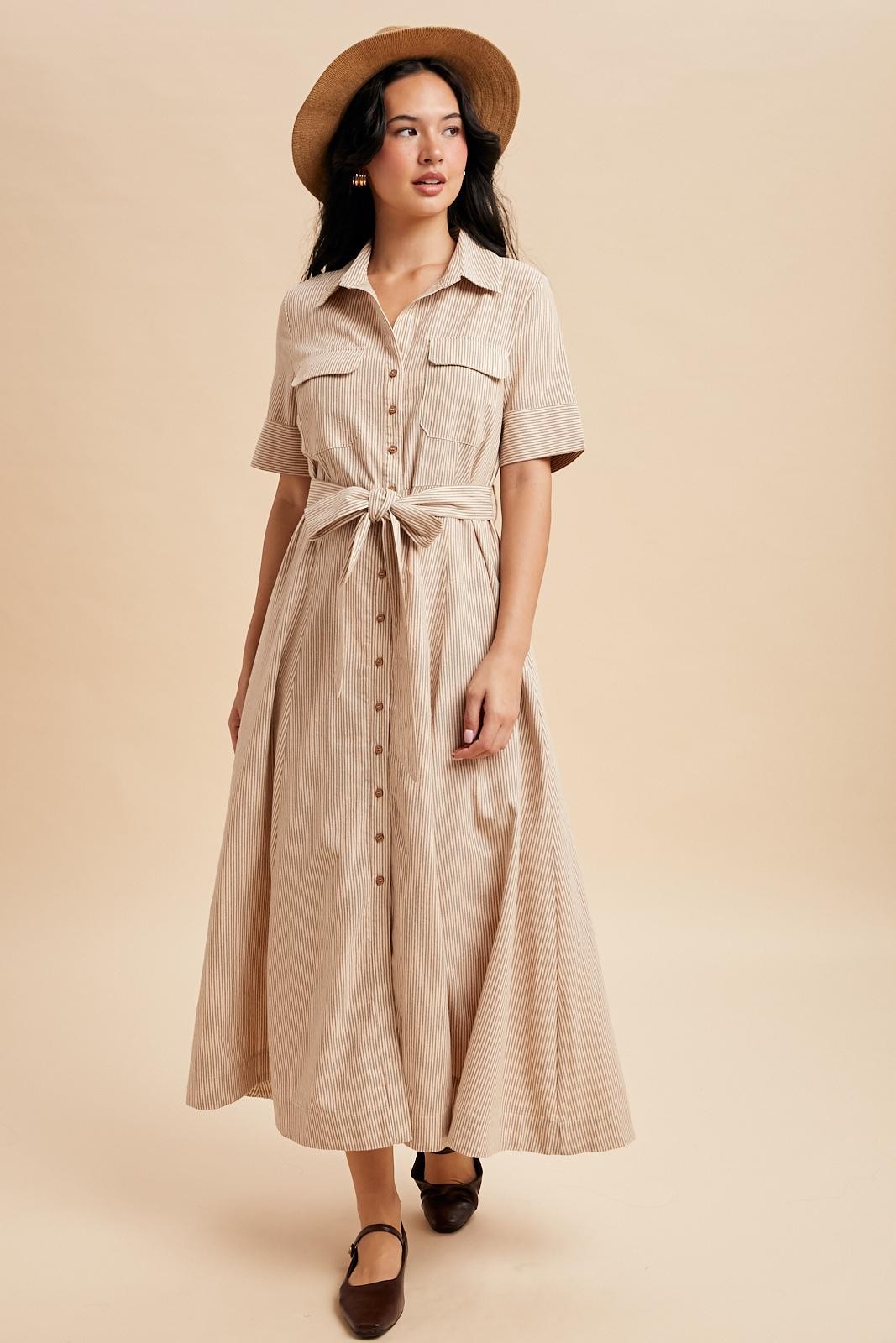 Beige Striped Cotton Button Down Maternity Maxi Dress