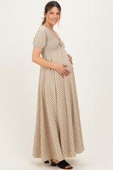Beige Smocked Gingham Maternity Maxi Dress