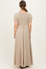 Beige Smocked Gingham Maternity Maxi Dress