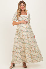 Creme Floral Cotton Puff Sleeve Maternity Maxi Dress