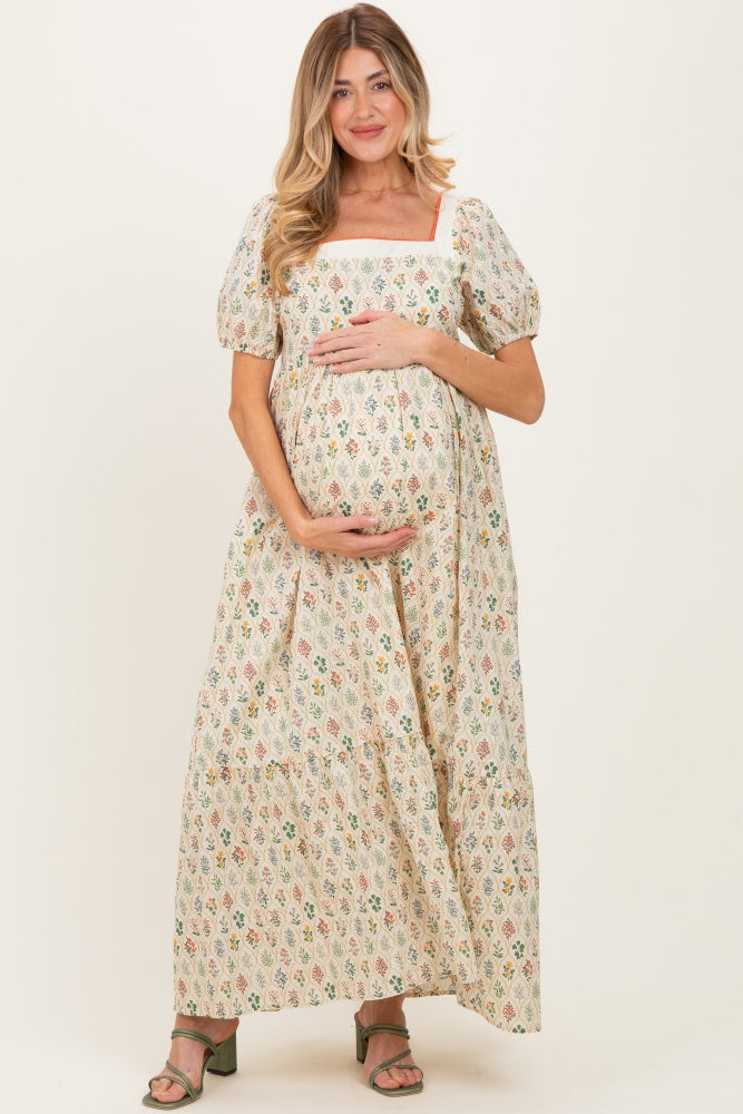 Creme Floral Cotton Puff Sleeve Maternity Maxi Dress