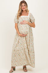 Creme Floral Cotton Puff Sleeve Maternity Maxi Dress