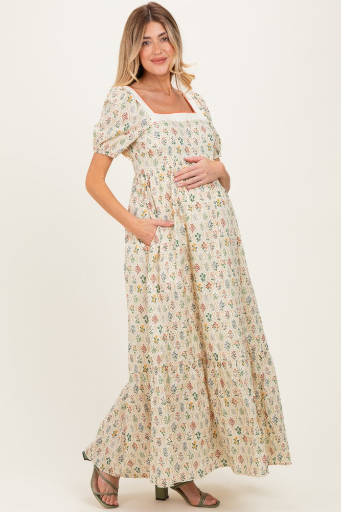 Creme Floral Cotton Puff Sleeve Maternity Maxi Dress