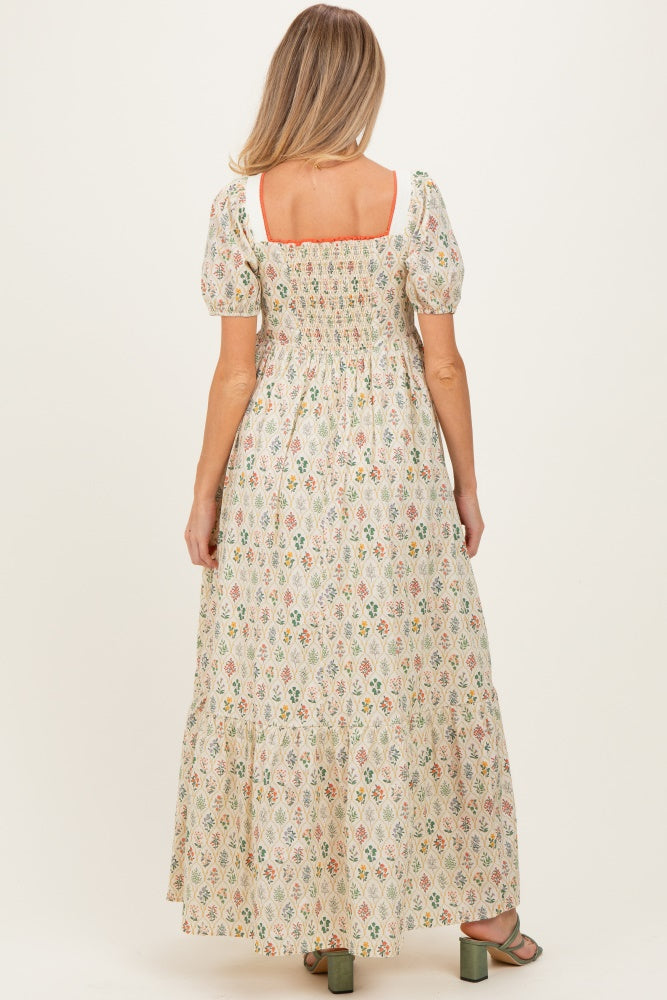 Creme Floral Cotton Puff Sleeve Maternity Maxi Dress