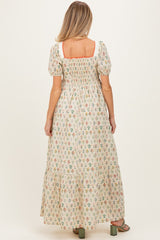 Creme Floral Cotton Puff Sleeve Maternity Maxi Dress