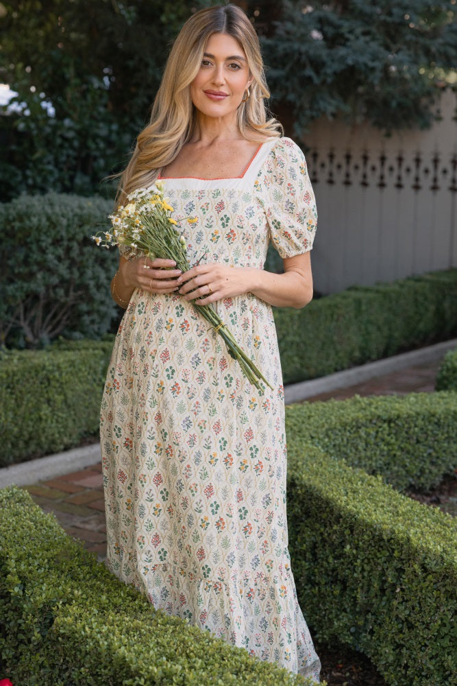 Creme Floral Cotton Puff Sleeve Maternity Maxi Dress