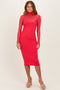 Coral Red Mesh Overlay Fitted Midi Dress