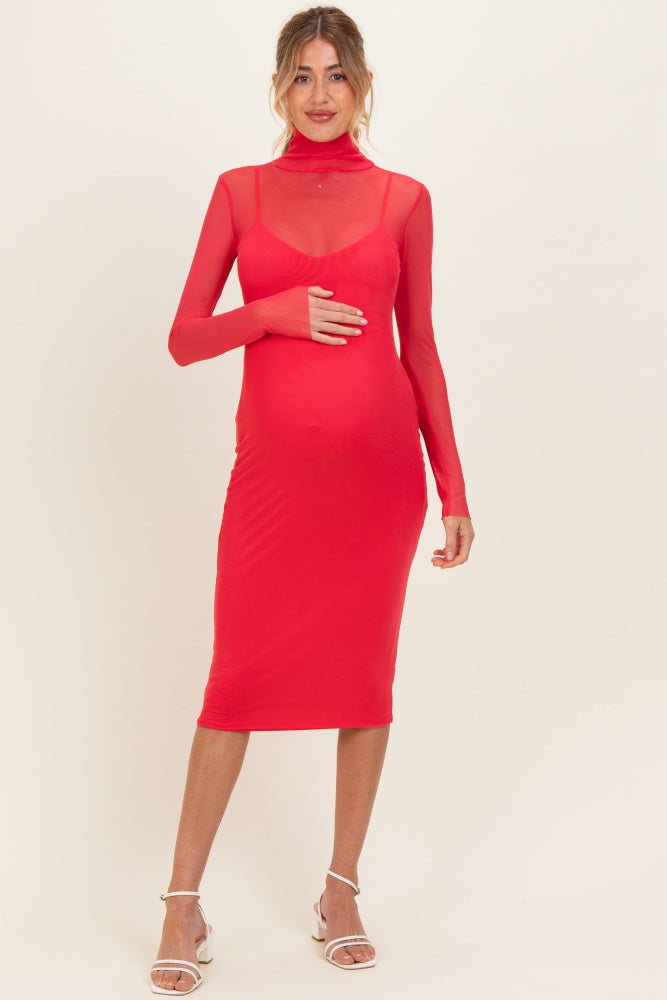 Coral Red Mesh Overlay Fitted Maternity Midi Dress