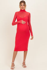 Coral Red Mesh Overlay Fitted Maternity Midi Dress