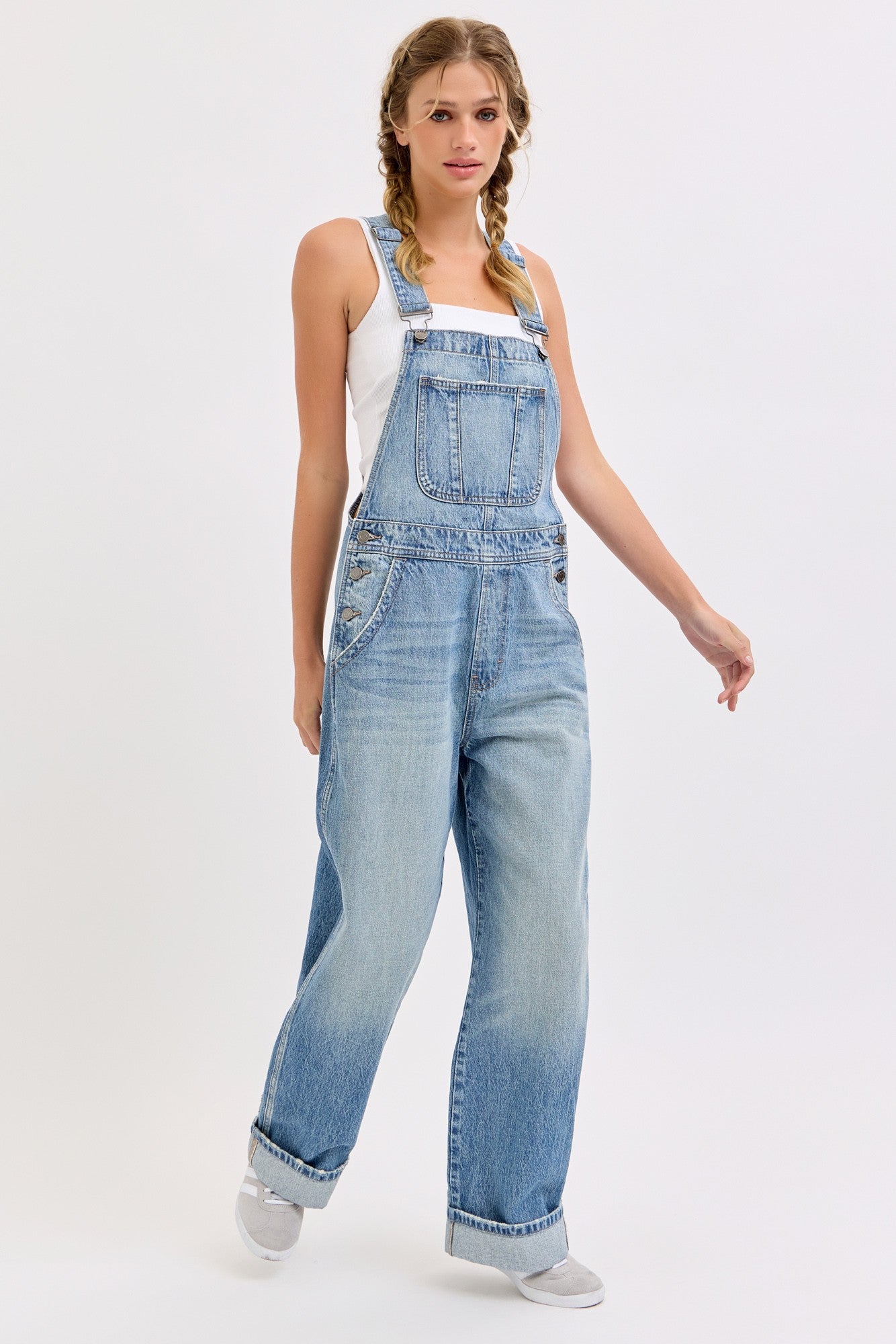 Blue Wide Leg Maternity Denim Cuffed Overalls