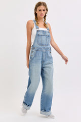 Blue Wide Leg Maternity Denim Cuffed Overalls