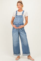 Blue Wide Leg Maternity Denim Cuffed Overalls