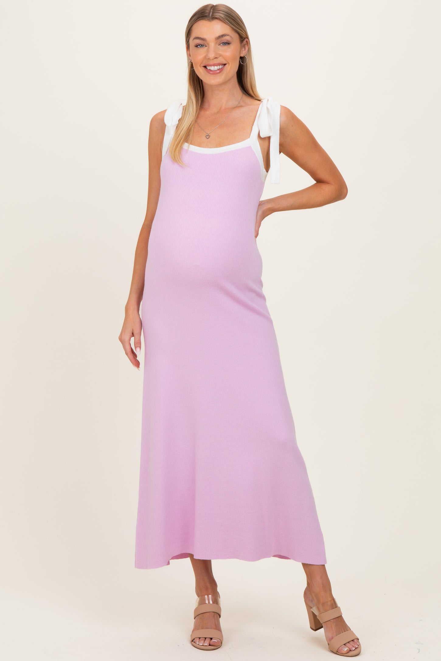 Pink Knit Contrast Shoulder Tie Maternity Dress