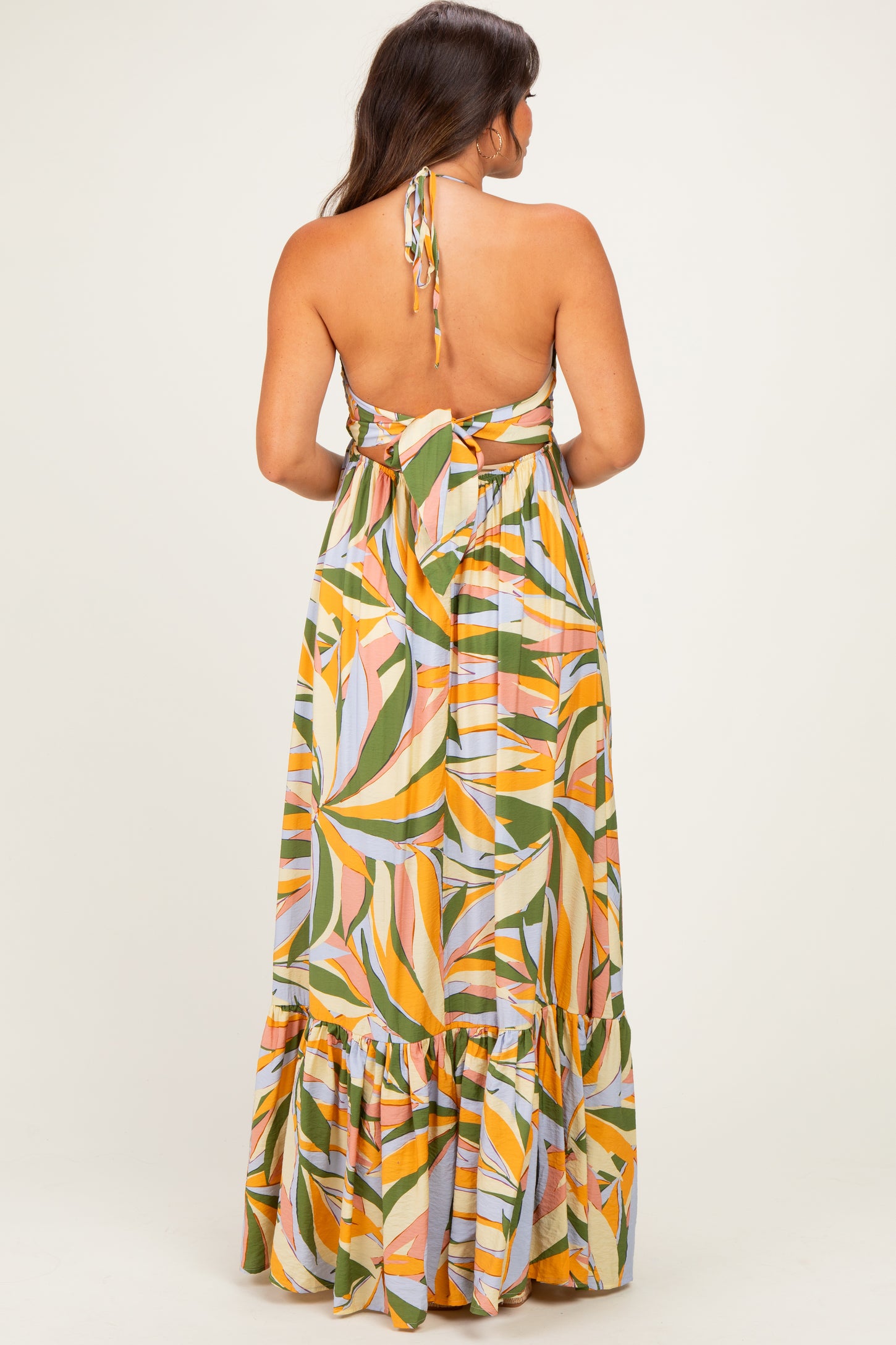 Multicolor Print Halter Cutout Tie Back Maternity Maxi Dress