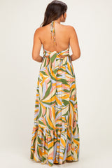 Multicolor Print Halter Cutout Tie Back Maternity Maxi Dress