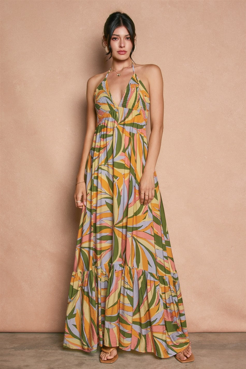 Multicolor Print Halter Cutout Tie Back Maternity Maxi Dress