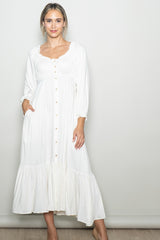 White Off Shoulder Button Accent Maternity Maxi Dress