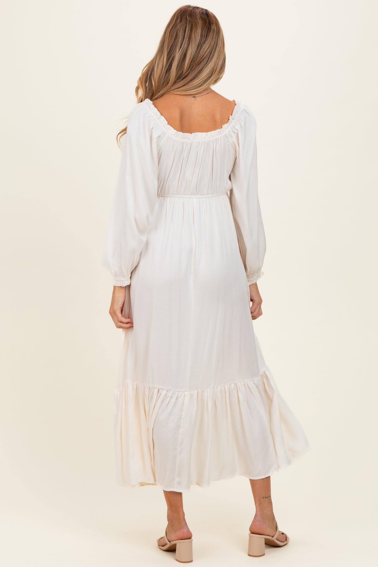 White Off Shoulder Button Accent Maternity Maxi Dress