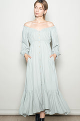 Sage Off Shoulder Button Accent Maxi Dress