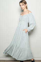 Sage Off Shoulder Button Accent Maxi Dress
