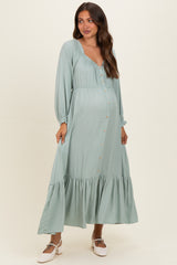 Sage Off Shoulder Button Accent Maternity Maxi Dress