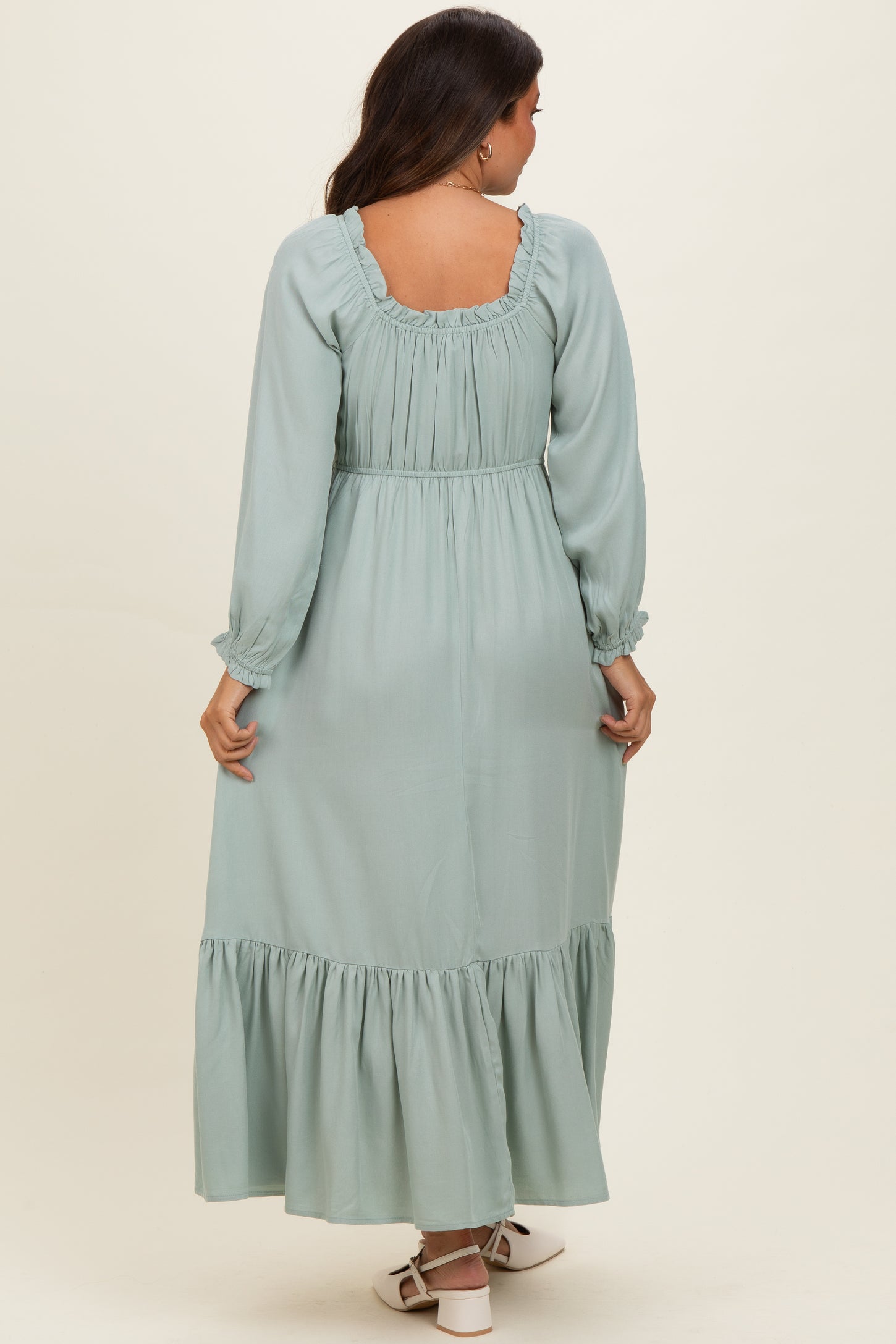 Sage Off Shoulder Button Accent Maternity Maxi Dress