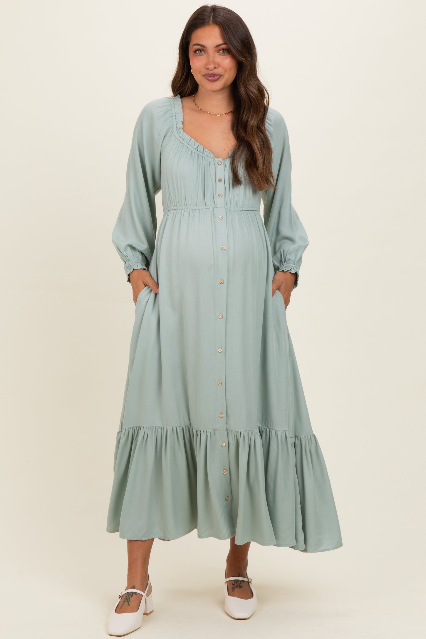 Sage Off Shoulder Button Accent Maternity Maxi Dress