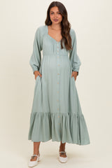 Sage Off Shoulder Button Accent Maternity Maxi Dress