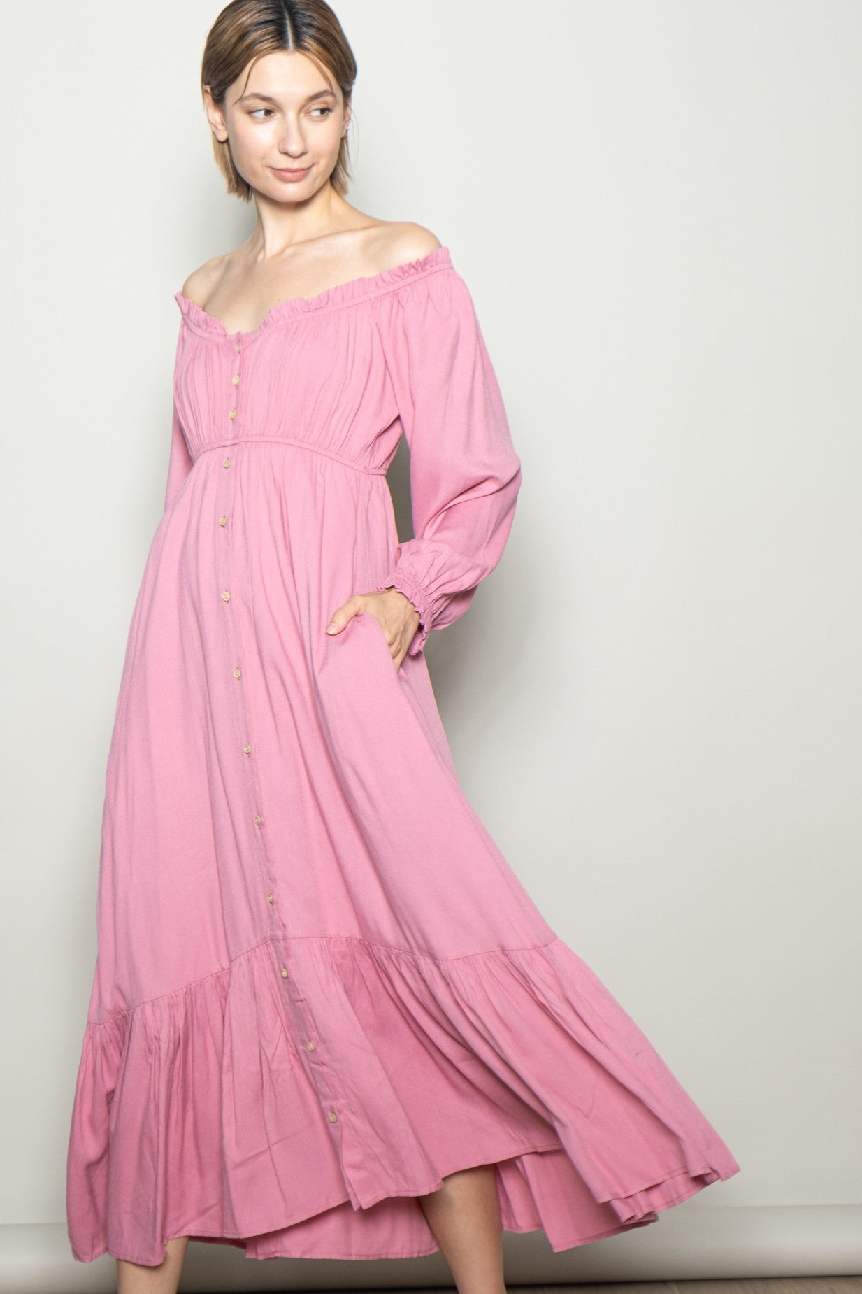 Pink Off Shoulder Button Accent Maxi Dress