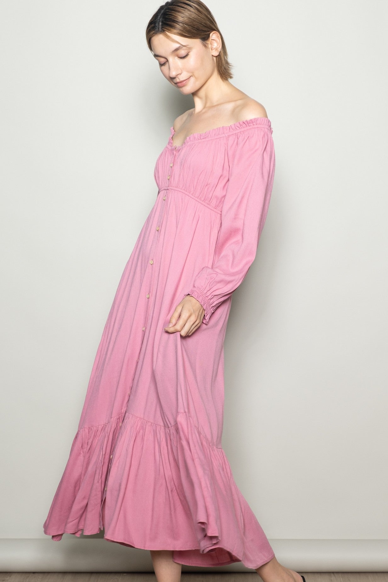 Pink Off Shoulder Button Accent Maxi Dress