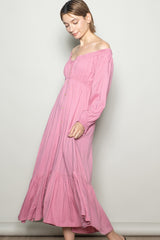 Pink Off Shoulder Button Accent Maxi Dress