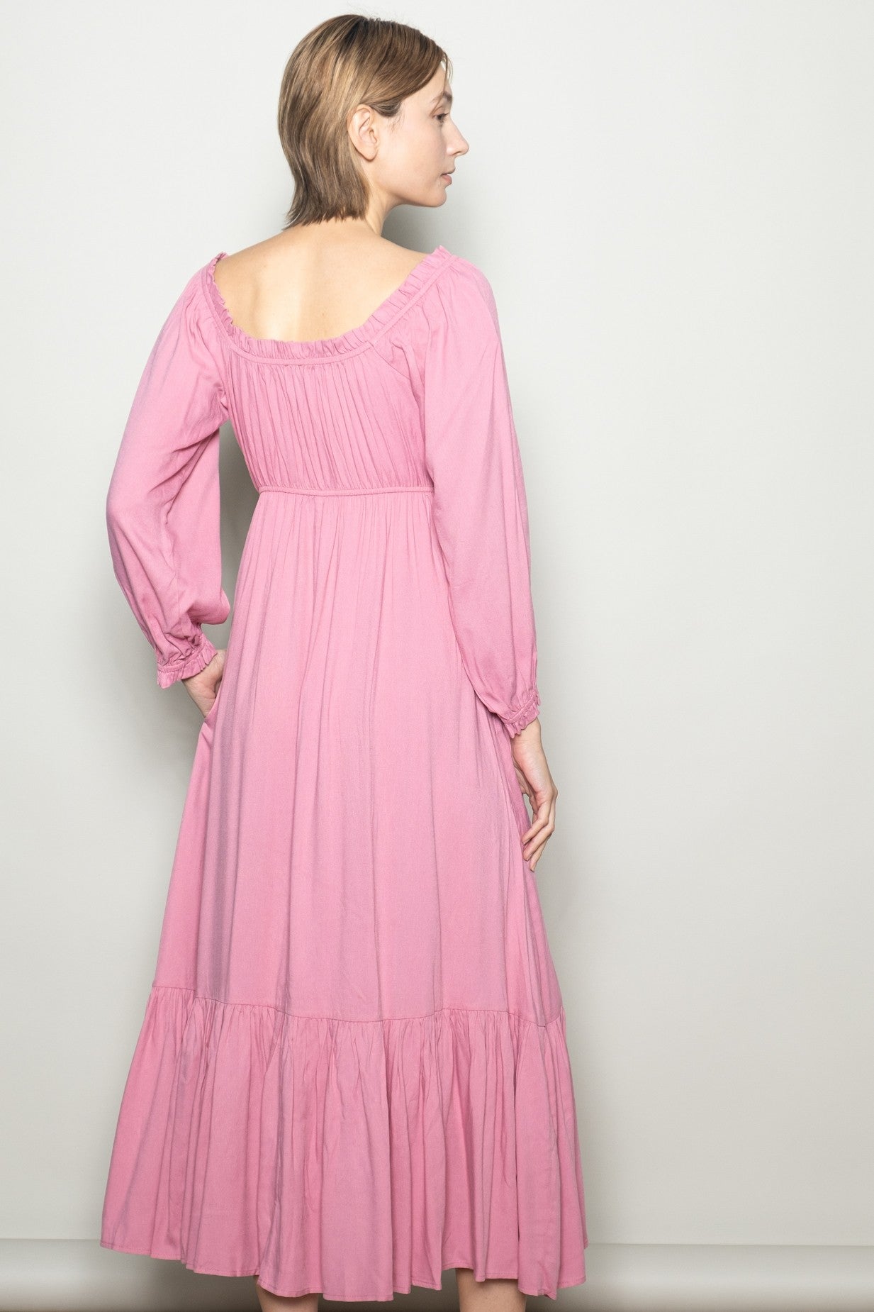 Pink Off Shoulder Button Accent Maxi Dress