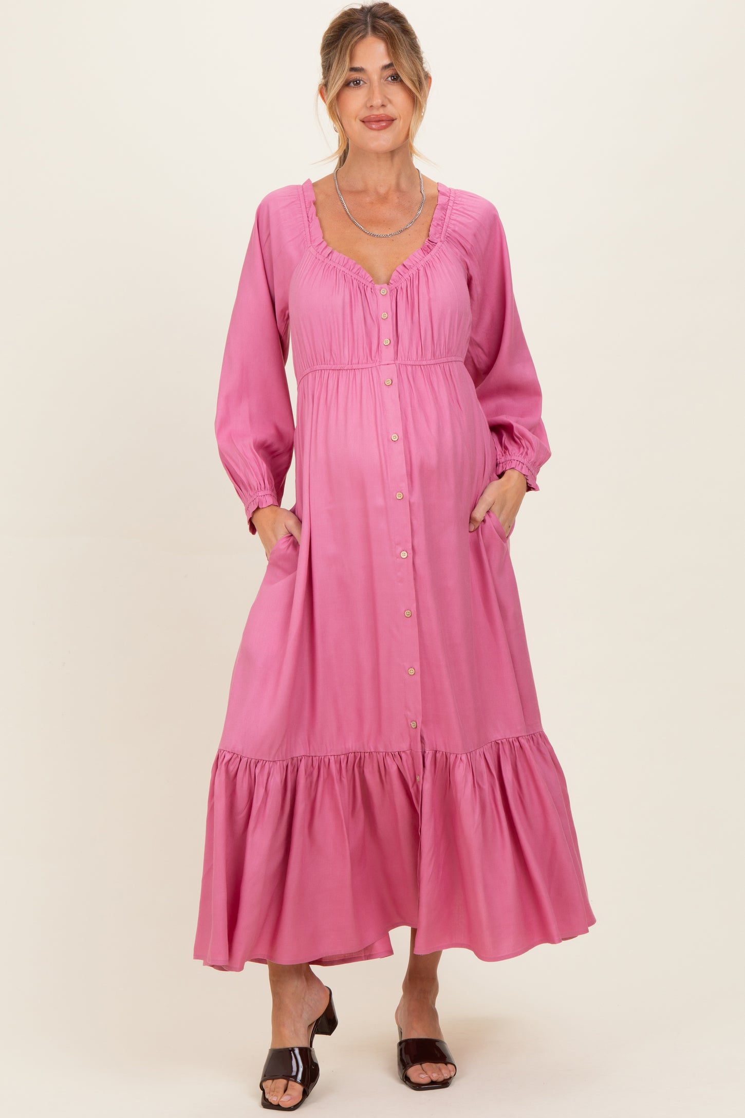 Pink Off Shoulder Button Accent Maternity Maxi Dress