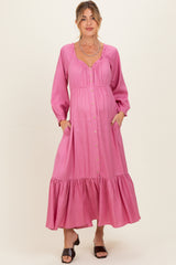 Pink Off Shoulder Button Accent Maternity Maxi Dress