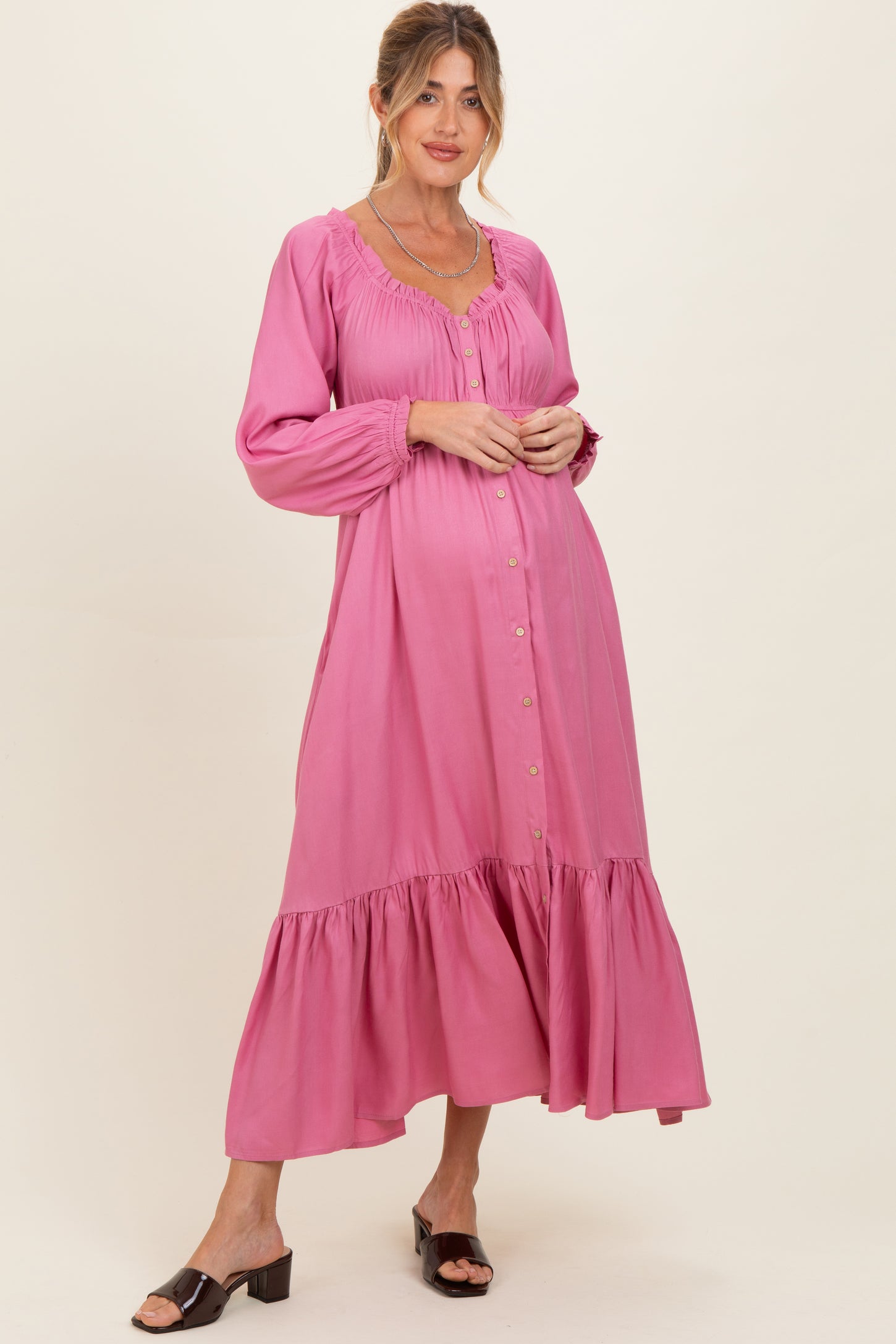Pink Off Shoulder Button Accent Maternity Maxi Dress