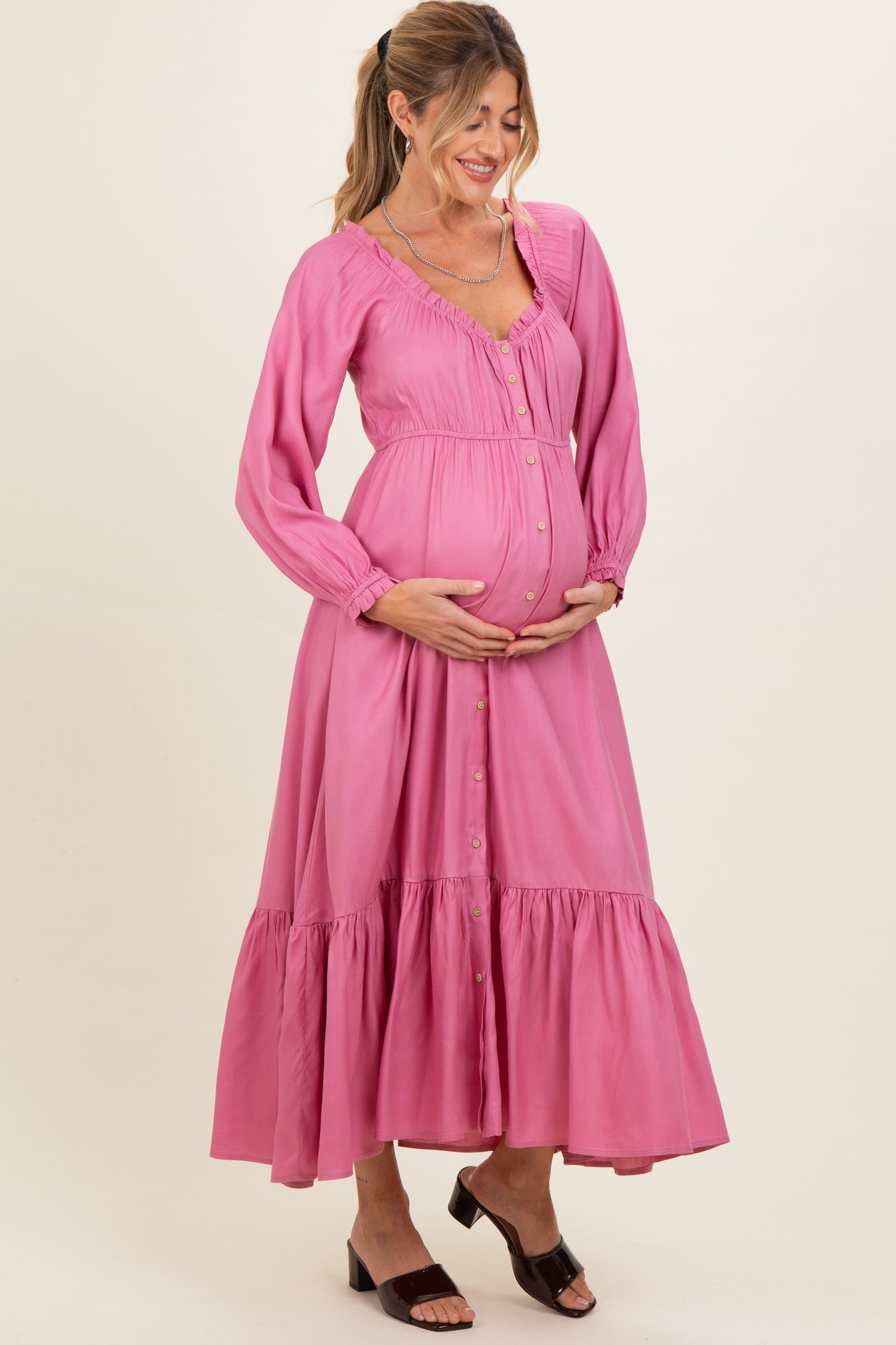 Pink Off Shoulder Button Accent Maternity Maxi Dress