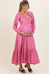 Pink Off Shoulder Button Accent Maternity Maxi Dress