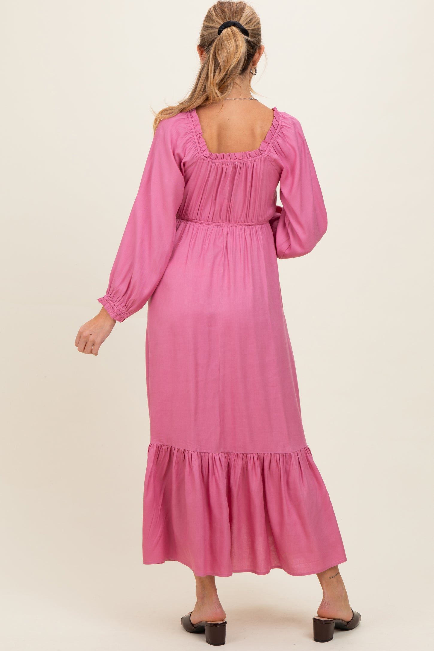 Pink Off Shoulder Button Accent Maternity Maxi Dress