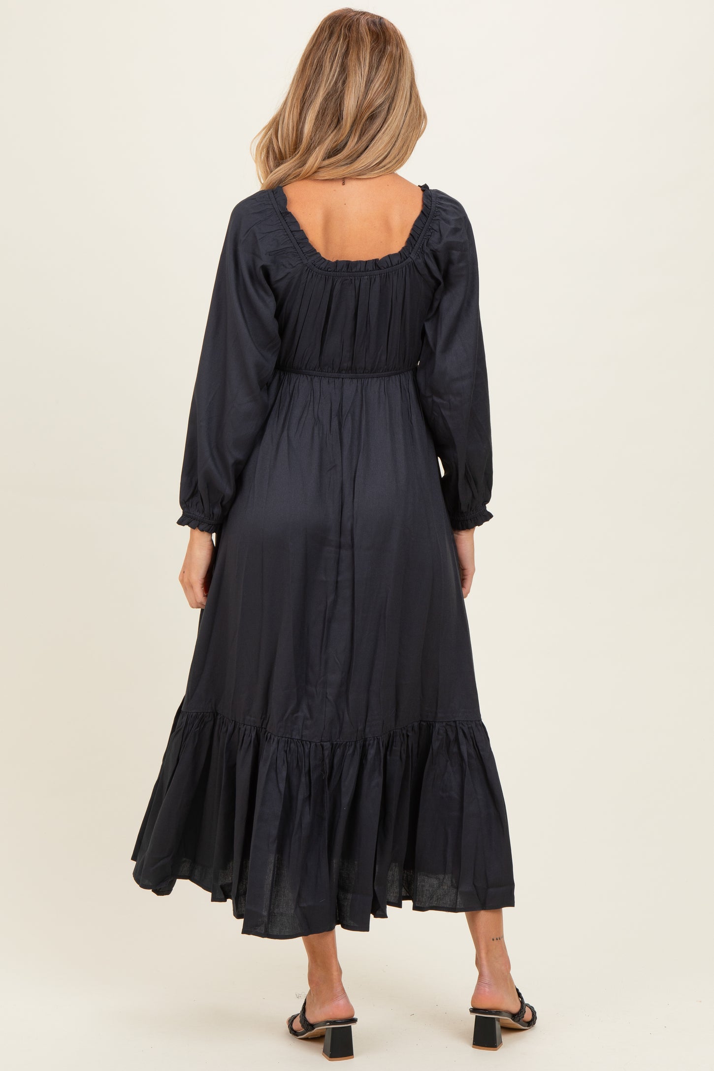 Navy Off Shoulder Button Accent Maternity Maxi Dress