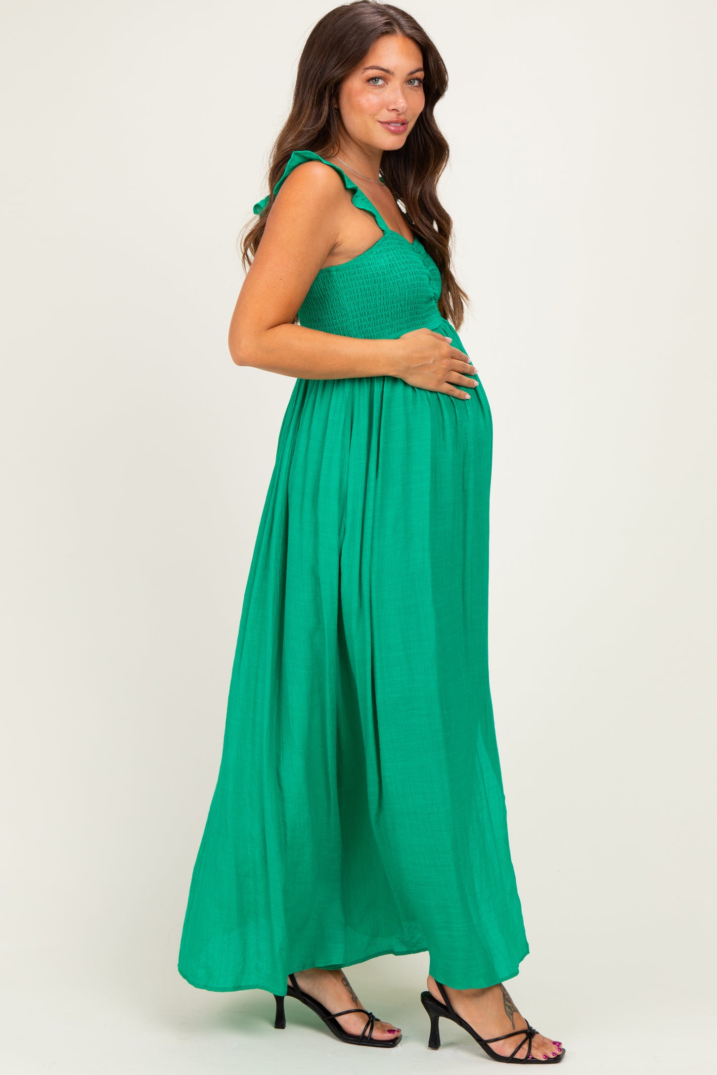 Green Cinched Smocked Bust Sleeveless Maternity Maxi Dress