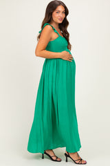 Green Cinched Smocked Bust Sleeveless Maternity Maxi Dress