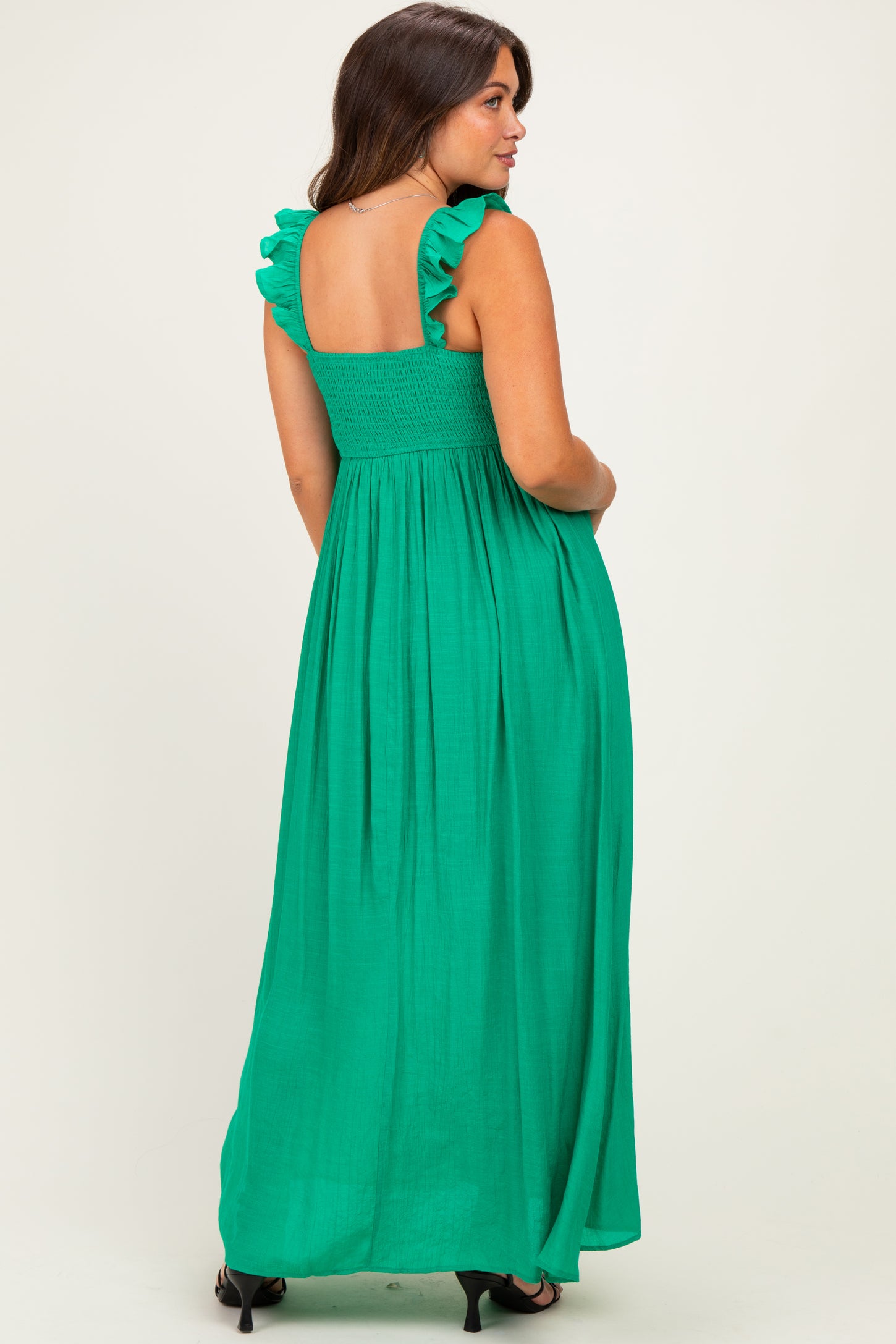 Green Cinched Smocked Bust Sleeveless Maternity Maxi Dress