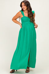 Green Cinched Smocked Bust Sleeveless Maternity Maxi Dress